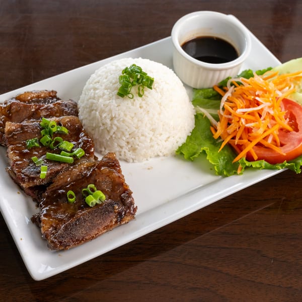 Vietnamese grilled short ribs with rice, green onions, and a side salad with shredded carrots.